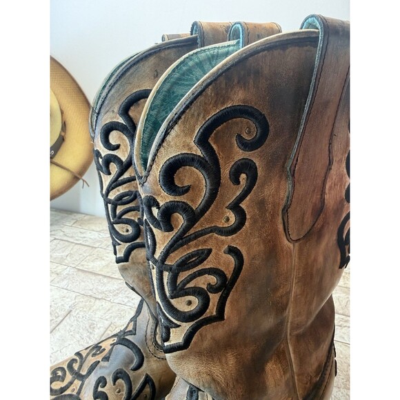 CORRAL Women's Boots Sz 8 1/2M Bronze Turquoise Overlay Snip Toe Cowgirl Western - Picture 4 of 16